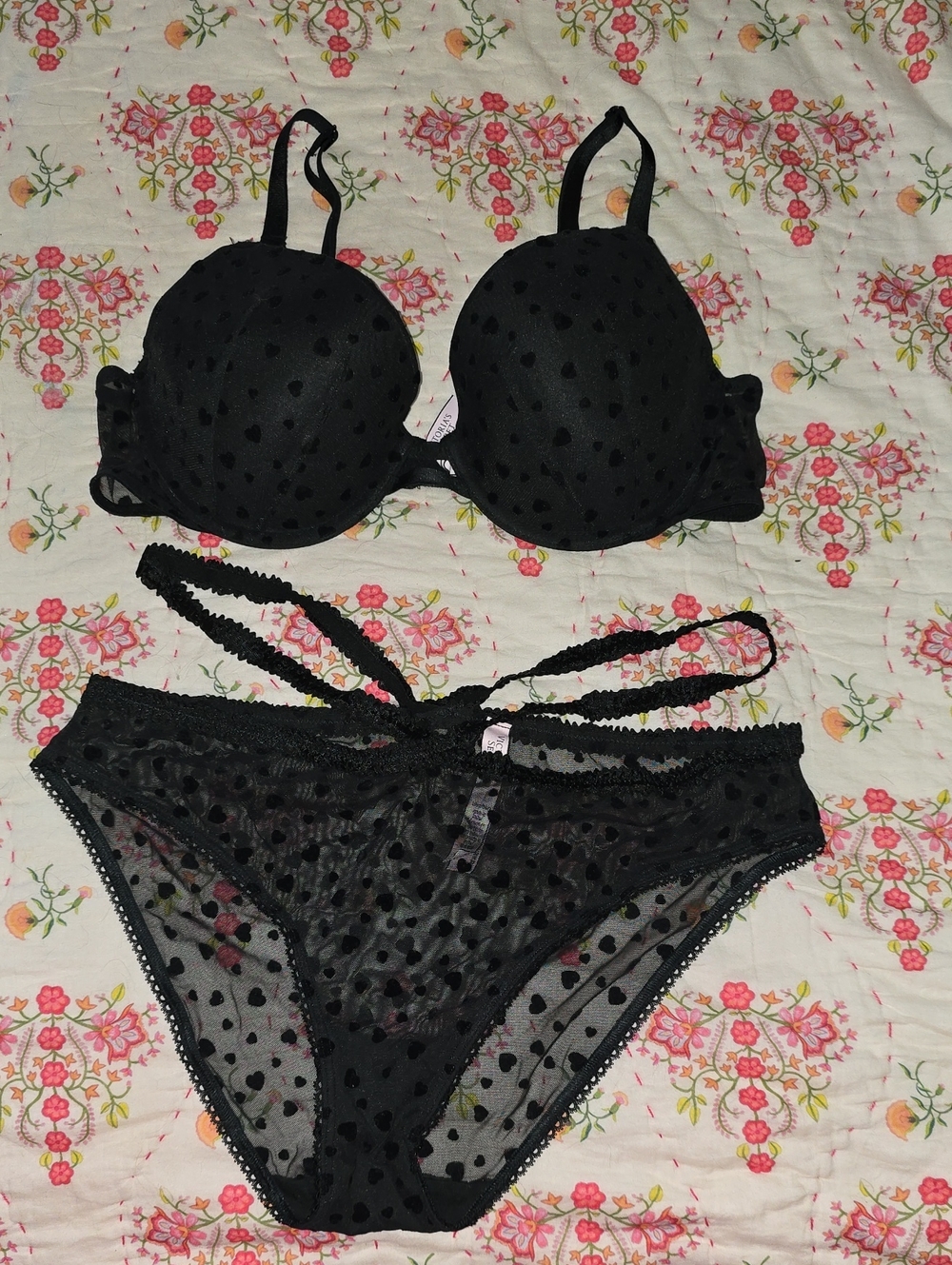 Victoria's Secret Black Heart Lined Demi Bra & Sheer Bikini Set
